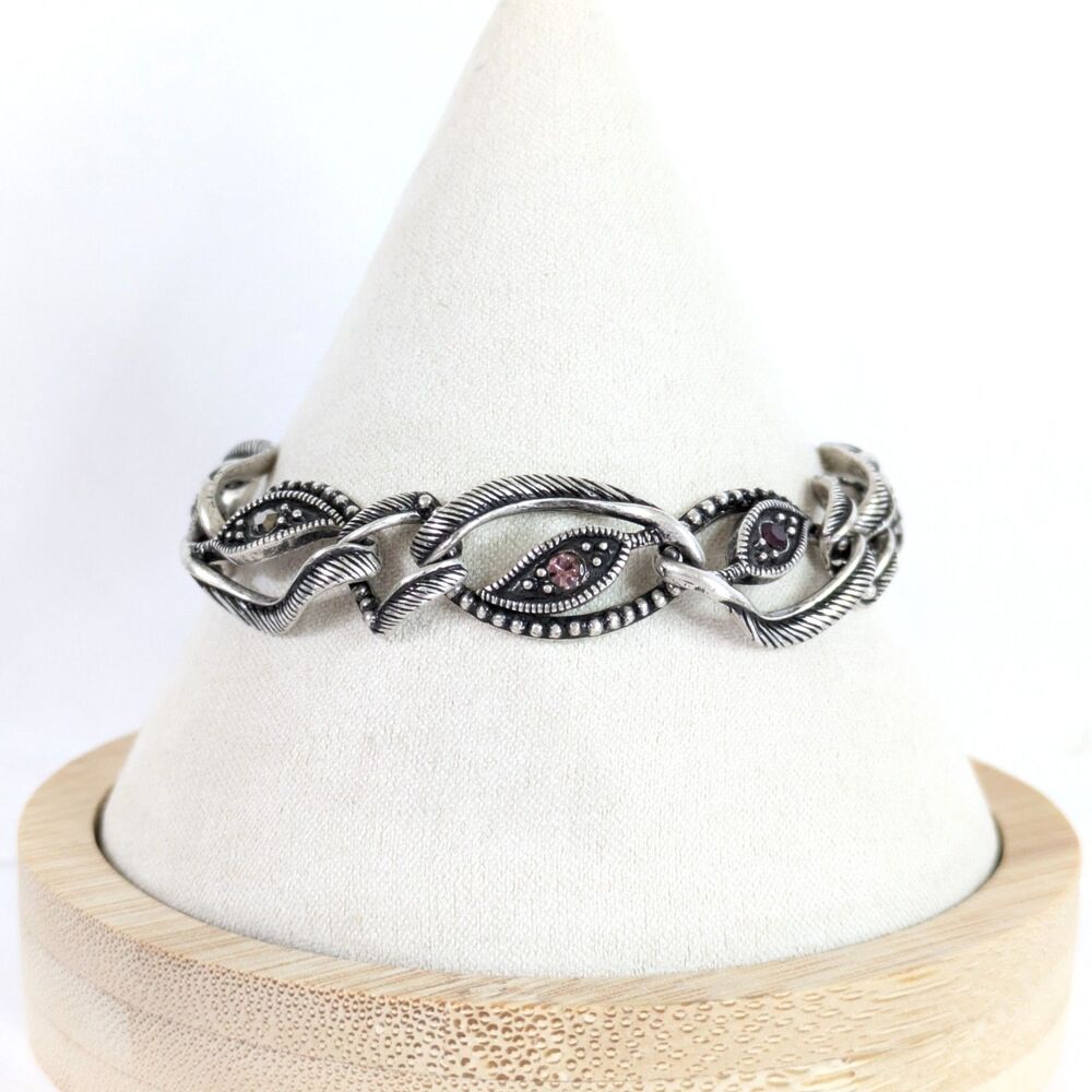 Marquise Eye Shaped Silver Tone Textured Link Bracelet Marcasite Style 6.5"